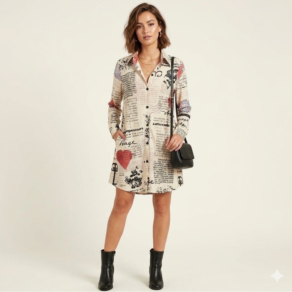 Lily Artsy Abstract Print Shirt Dress Cream Red Black Collared Tunic Small — image 2 of 8